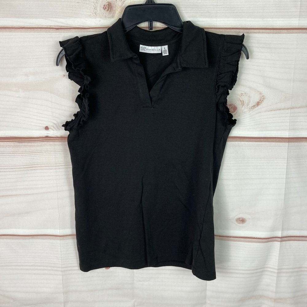 Rafaella Top Womens M Black Flutter Sleeve Polo Shirt Collar Solid Cotton Knit